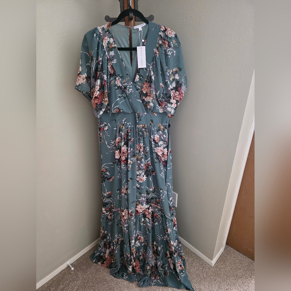 Baltic Born Blue Pleated Maxi Dress with Puff Sleeves